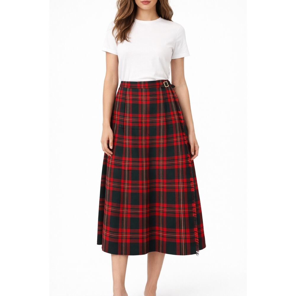 1990s Harrods London Red Tartan Pleated Wrap Kilt Skirt Small to Medium